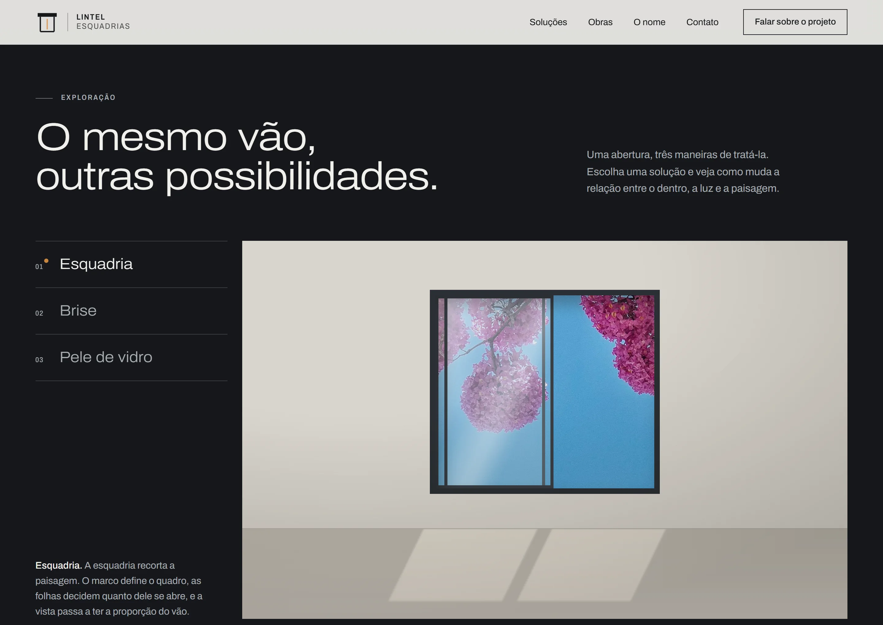 Site conceito Lintel: uma janela escura enquadra um ipê-rosa, com as opções de esquadria ao lado.