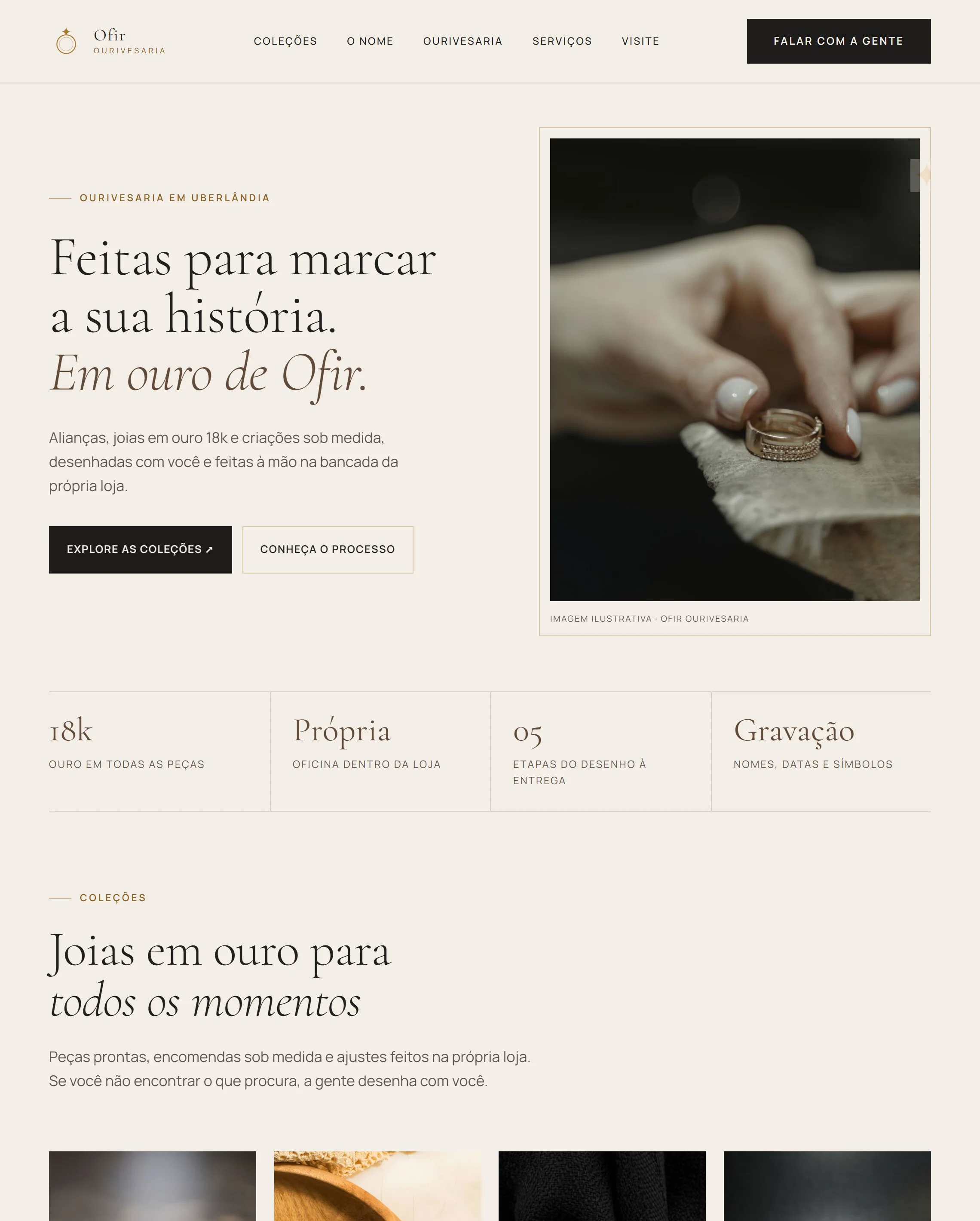 Site conceito Ofir: título ao lado de uma mão segurando um anel de ouro.
